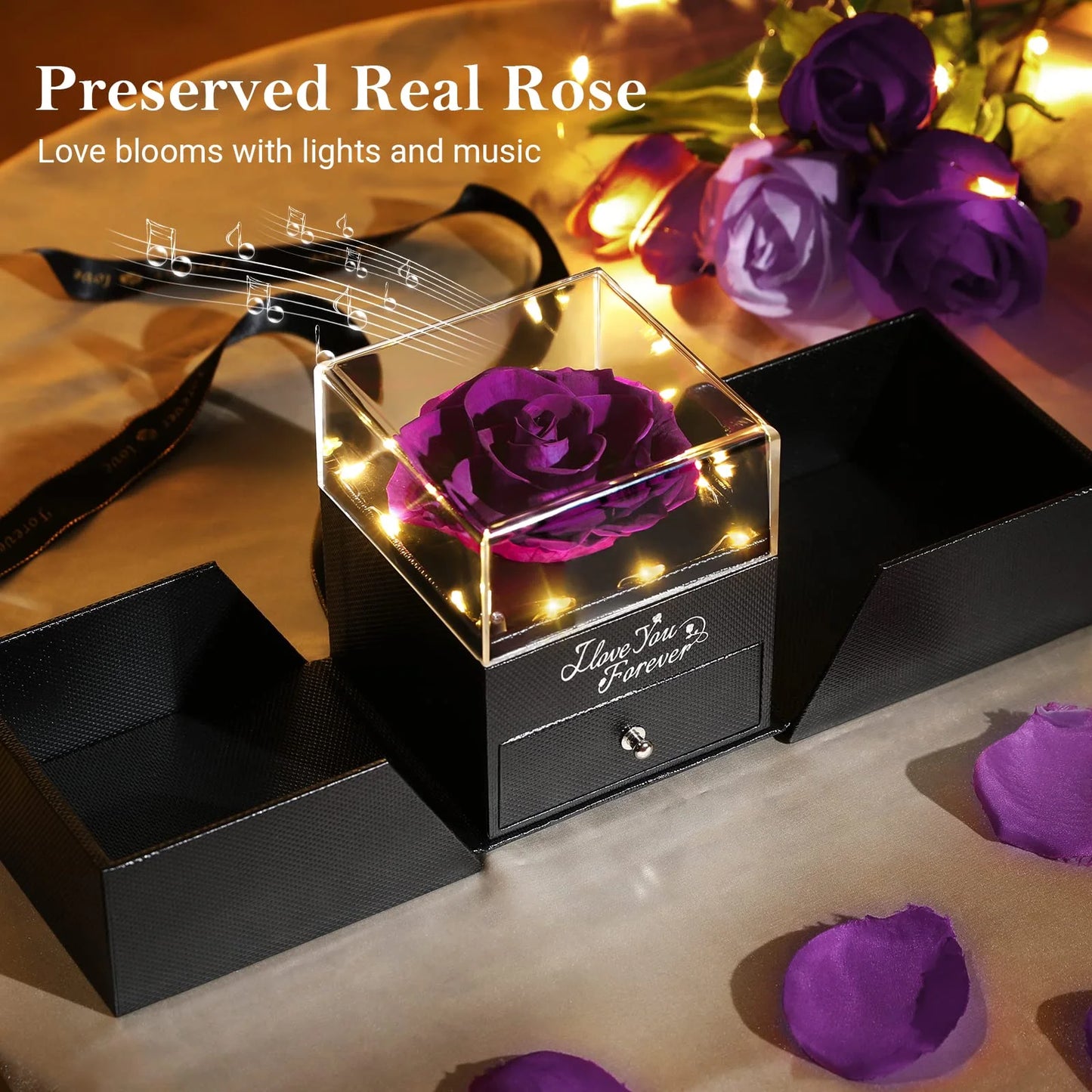 Preserved Rose Flower with Heart Necklace, Eternal Purple Real Rose with Music LED Lights for Her Women Wife Grandma Anniversary Birthday Romantic Gifts, Purple