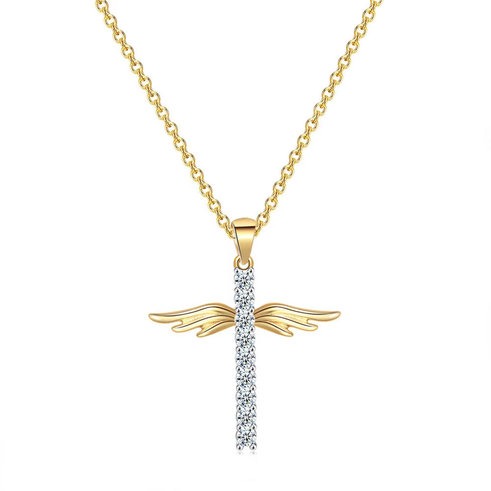 Angel Wings Cross Pendant Necklaces for Women Aesthetic Korean Fashion Gold Color CZ Choker Chain Neck Accessories Jewelry N229