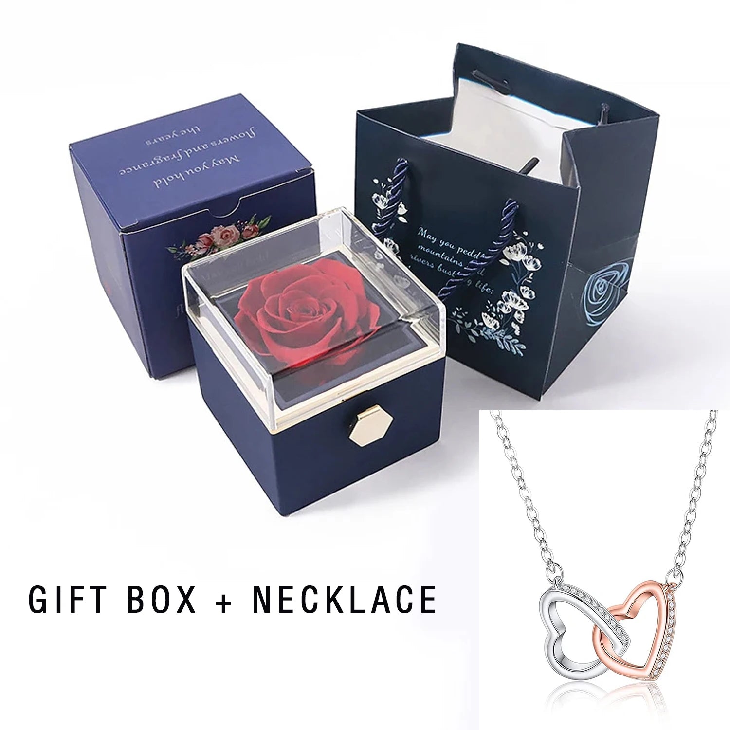 Eternal Rose Box with Heart Necklace for Mom Rotating Rose Flower Rose Creative Rotating Rose Jewelry Packaging Box Mother'S Day